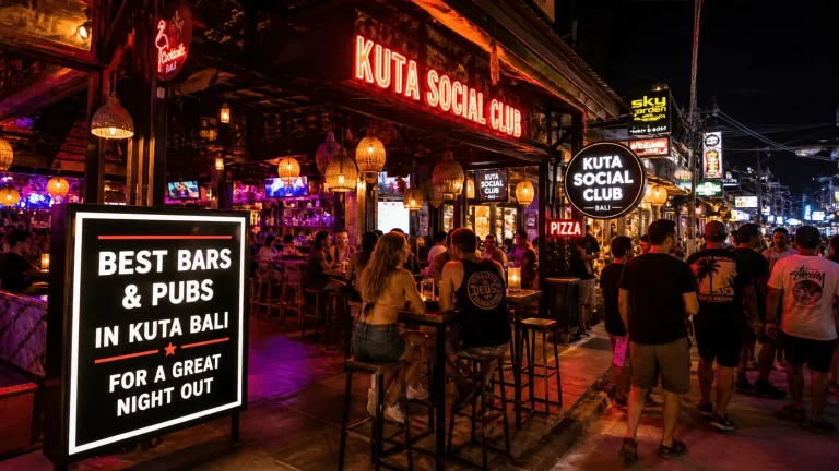 Vibrant nightlife scene in Kuta Bali with lively bars, neon lights, and people enjoying a great night out.