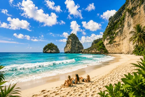 diamond beach - klungkung interesting places to visit - bali touristic Tourists relaxing and exploring the white sandy shoreline at Diamond Beach, surrounded by towering limestone cliffs, turquoise waters, and breathtaking tropical coastal scenery.
