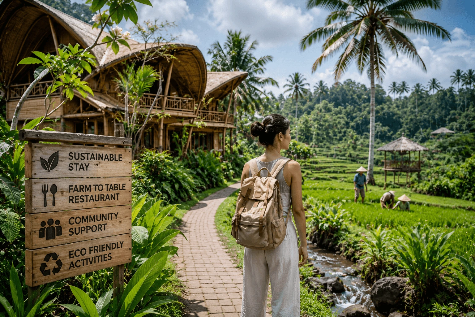 Travelers exploring hidden waterfalls, peaceful villages, wellness retreats, and scenic beaches in Bali, reflecting the top travel trends in Bali 2026 with sustainable tourism, cultural experiences, slow travel, and unique tropical adventures.