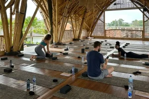 A hidden yoga center in Bali surrounded by lush tropical greenery, peaceful jungle scenery, and open-air wooden yoga spaces, creating a calm and natural atmosphere perfect for relaxation and meditation.