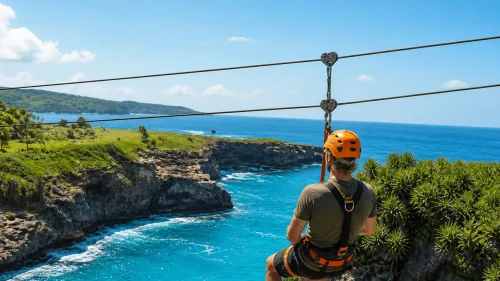 A man with blonde hair wearing an orange helmet rides the Abyss Zipline above dramatic coastal cliffs and turquoise ocean, enjoying an adrenaline-filled adventure with stunning seaside views.