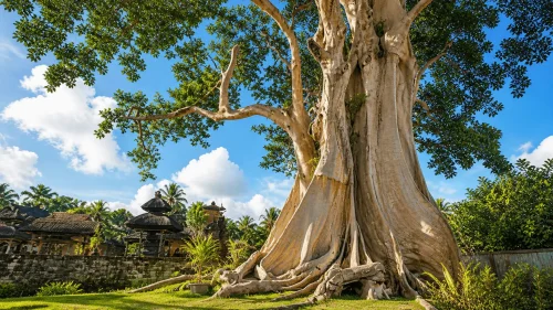 Bayan ancient tree with massive roots beside a traditional Balinese temple under a bright blue sky in Bali