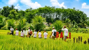 A charming view of Bali Chocolate Village featuring lush tropical gardens, cacao-themed attractions, rustic architecture, and a relaxing countryside atmosphere in Tabanan.