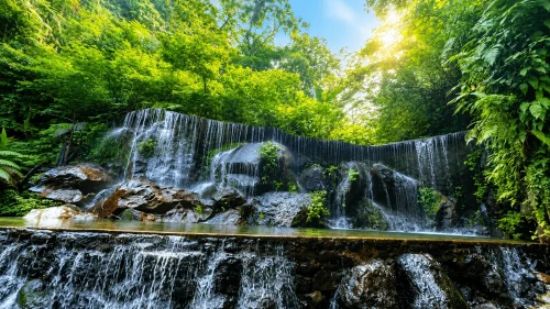 goa raja waterfall - bangli interesting places to visit - bali touristic A beautiful morning view of Goa Raja Waterfall featuring lush tropical greenery, stone pathways, traditional Balinese elements, and soft golden sunlight creating a peaceful jungle atmosphere.