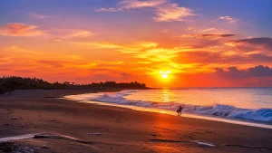 A stunning sunset view at Lepang Beach featuring golden skies, reflective black sand, gentle ocean waves, and a peaceful tropical coastline glowing in the evening light.