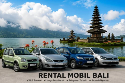 A wide selection of modern vehicles for car rental in Bali displayed in a tropical outdoor setting, featuring compact cars, family MPVs, and SUVs ready for comfortable travel around Bali.