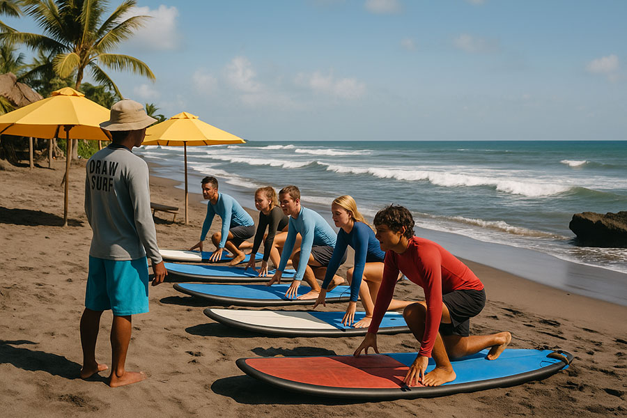 Beginner surfers receiving surfing lessons from a local instructor on Canggu Beach, Bali.