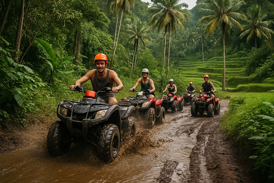 Tourists enjoying ATV adventures through forests, rivers, and rice fields in Ubud and Tabanan, Bali.
