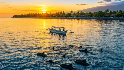 Tourists watching dolphins at sunrise in Lovina Bali as part of a day Bali itinerary with calm ocean views and traditional boats in the background.
