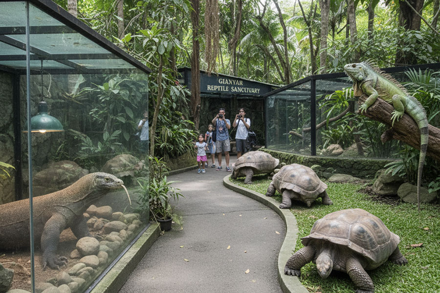 Families exploring Bali Reptile Park and observing exotic reptiles up close.
