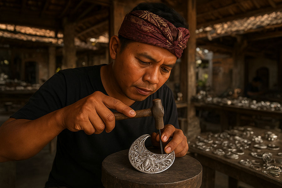 Male artisan making handcrafted silver jewelry in Celuk Village, Bali.