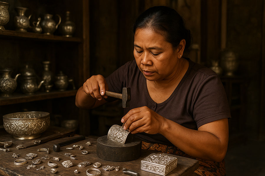 Balinese woman crafting handmade silver jewelry in a traditional workshop in Celuk Village, Bali.