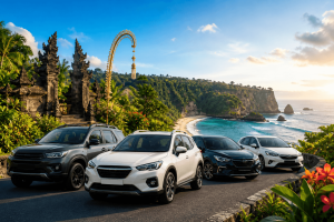A diverse selection of cars, including compact city vehicles and spacious SUVs, displayed on a scenic Bali road with tropical landscapes in the background, illustrating the best car choices for a comfortable and flexible Bali road trip.