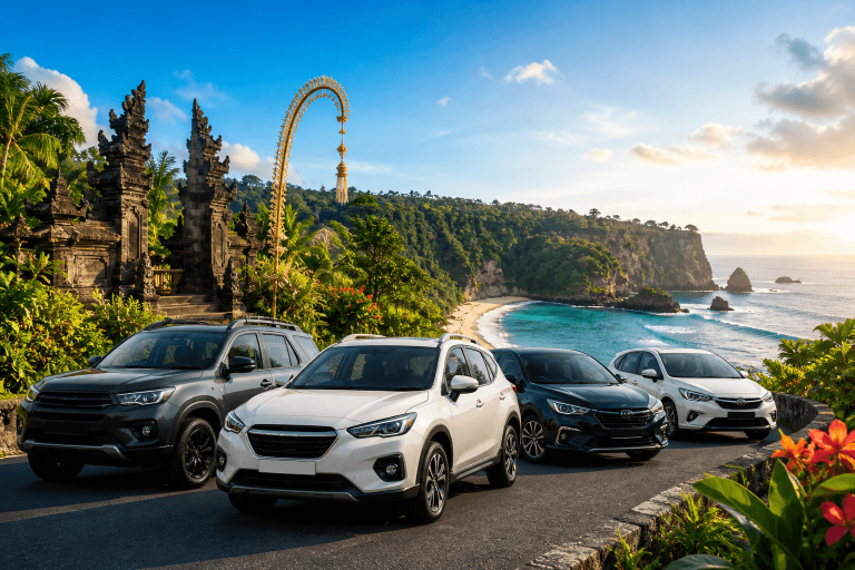 A diverse selection of cars, including compact city vehicles and spacious SUVs, displayed on a scenic Bali road with tropical landscapes in the background, illustrating the best car choices for a comfortable and flexible Bali road trip.