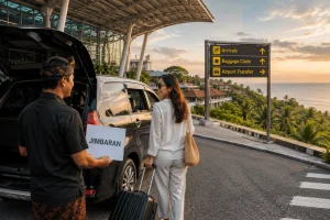 A comfortable airport transfer service from Ngurah Rai International Airport to Jimbaran featuring a modern vehicle, friendly driver, and tropical Bali scenery for a smooth and relaxing arrival experience.