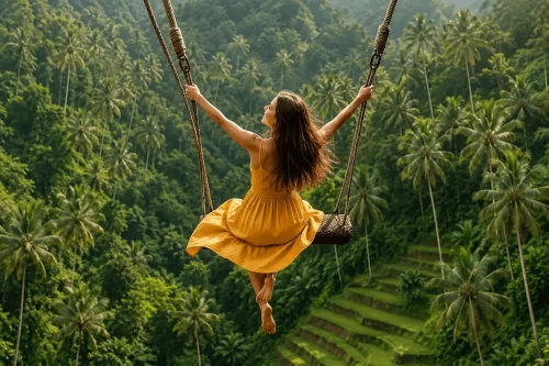 A happy girl enjoying the jungle swing at Alas Harum Bali, soaring above lush green rice terraces and tropical landscapes with a joyful and adventurous atmosphere.