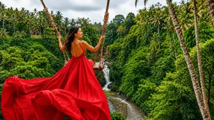 A woman wearing a flowing red dress while posing on a jungle swing in Bali, surrounded by lush tropical forests, palm trees, and breathtaking Bali countryside scenery.