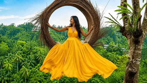 A woman wearing a flowing yellow dress while enjoying a jungle swing in Bali, surrounded by lush tropical landscapes, palm trees, and breathtaking rice terrace scenery.