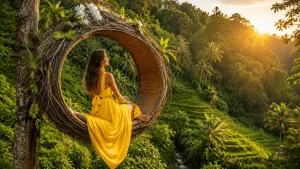 A woman wearing a flowing yellow dress posing inside a large bird nest at a jungle swing destination in Bali, surrounded by lush tropical landscapes and scenic rice terraces, representing the Bali swing experience and travel price information for visitors.