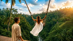 A traveler enjoying the scenic jungle swing at Bali Swing Sidan, soaring above lush tropical valleys, palm trees, and breathtaking green landscapes in Bali.