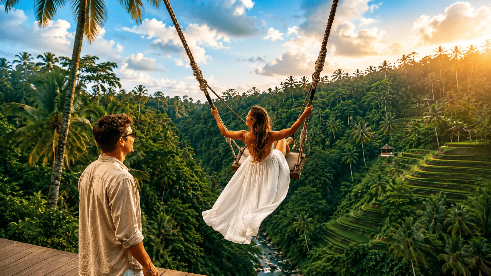 A traveler enjoying the scenic jungle swing at Bali Swing Sidan, soaring above lush tropical valleys, palm trees, and breathtaking green landscapes in Bali.