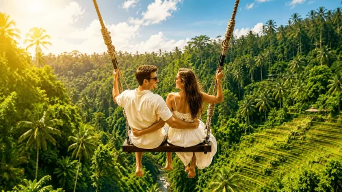 A happy couple enjoying the jungle swing together at Bali Swing Sidan, surrounded by lush tropical valleys, palm trees, and breathtaking natural scenery in Bali.