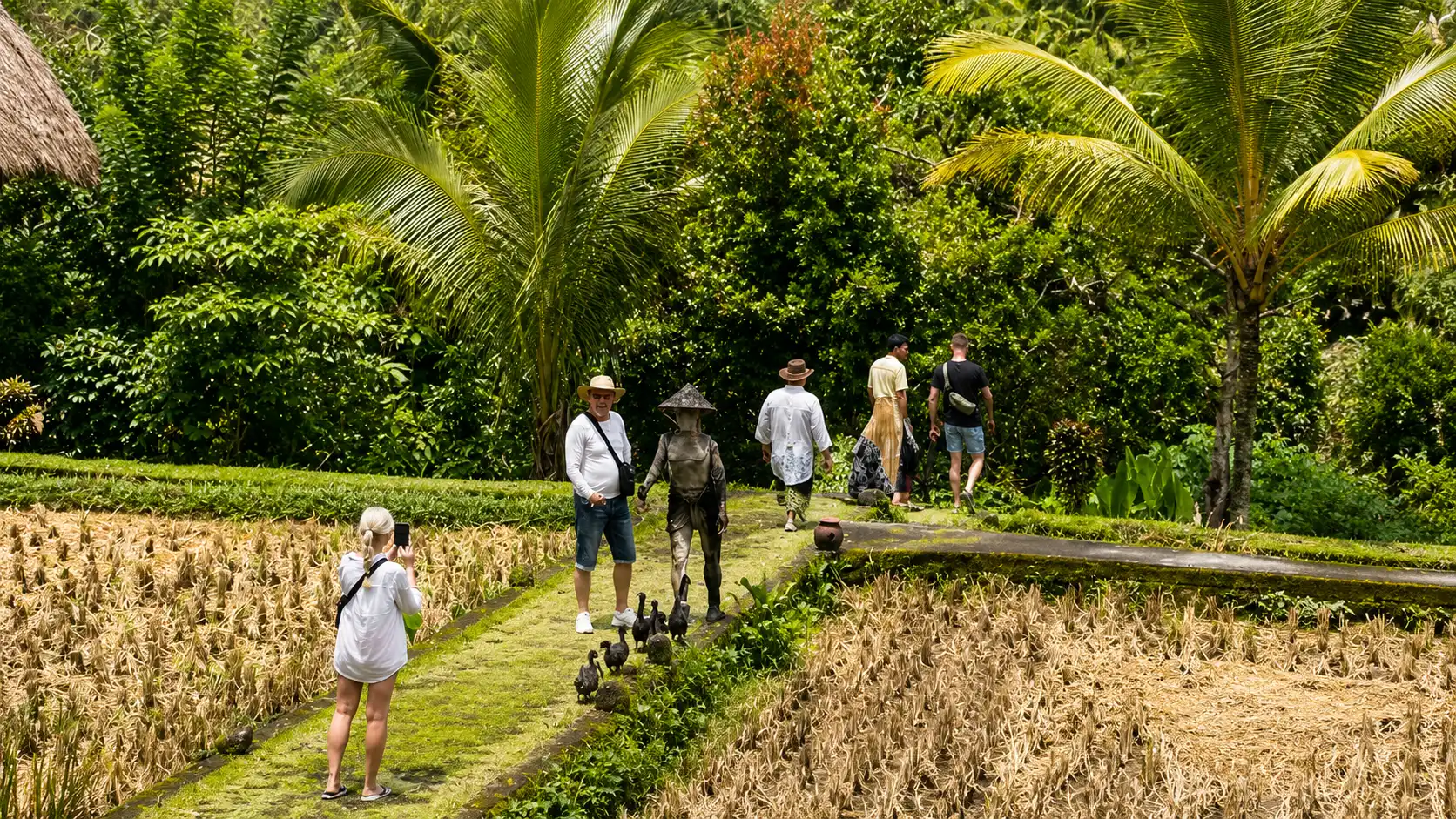 Travelers exploring the rich culture of Bali, visiting traditional temples, witnessing Balinese ceremonies, interacting with local artisans, and experiencing authentic village life surrounded by beautiful tropical landscapes.