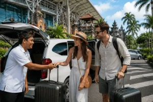 A budget-friendly airport transfer service in Bali featuring a comfortable modern vehicle, friendly local driver, and travelers enjoying an affordable and convenient ride from the airport to their destination.