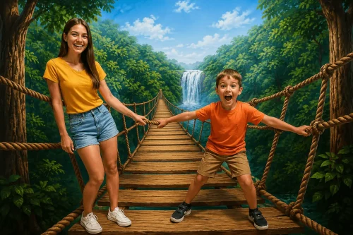 A mother and son enjoying a fun moment on a creative illusion bridge exhibit at Dream Museum Zone Bali, surrounded by colorful 3D artwork and interactive museum displays.