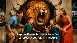 A family enjoying interactive exhibits and vibrant art installations at Dream Museum Zone Bali, laughing and posing together while exploring the colorful and immersive 3D museum experience.