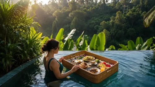 A luxurious floating breakfast in Bali experience  featuring a beautifully arranged breakfast tray in a private infinity pool, surrounded by tropical gardens, palm trees, and a relaxing resort atmosphere.