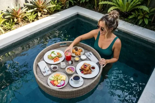 A beautifully arranged heart-shaped tray with delicious food items drifting on pool water, capturing a classic floating breakfast in Bali experience.