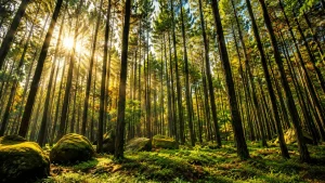 A serene forest landscape at Glagalinggah Pine Forest featuring towering pine trees, cool mountain air, misty surroundings, and peaceful nature trails hidden in the highlands of Bangli, Bali.