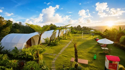 A luxurious site in Kintamani glamping featuring stylish tent accommodations, panoramic mountain and lake views, cozy outdoor seating, and a peaceful highland atmosphere surrounded by nature.