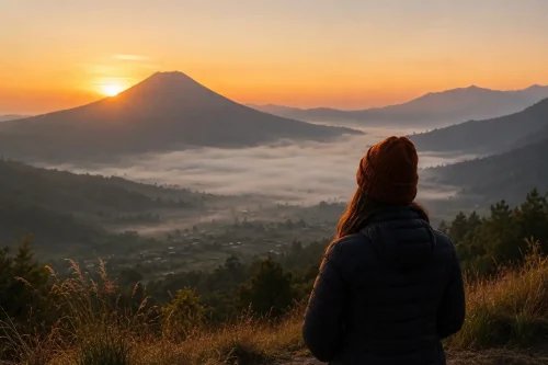 A breathtaking sunrise view at Pinggan Sunrise Spot featuring golden morning light, mist-covered valleys, dramatic mountain scenery, and panoramic views of Bali’s highlands.