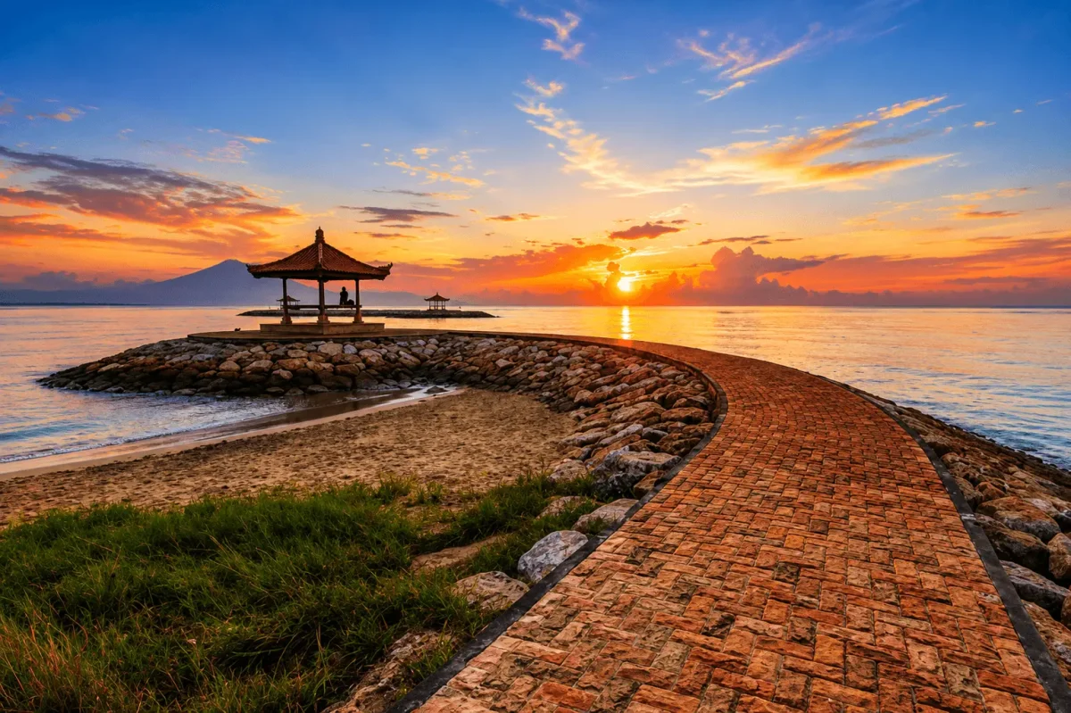 A beautiful coastal view of Sanur Beach featuring calm blue waters, golden sunrise light, colorful fishing boats, and a relaxing tropical atmosphere, showcasing one of the best Bali attractions.