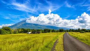 A breathtaking view of Savana Nusu featuring rolling green hills, open grasslands, misty mountain scenery, and a peaceful natural atmosphere hidden in Bali’s countryside.