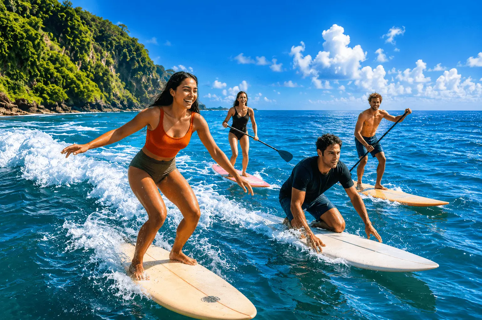 Surfers riding powerful ocean waves in Bali โ surfing is one of the top activities at Seminyak Beach | balitouristic.com