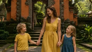 A happy family exploring Ubud with children, enjoying interactive cultural experiences, lush rice terraces, tropical nature walks, and family-friendly attractions surrounded by Bali’s beautiful countryside scenery.