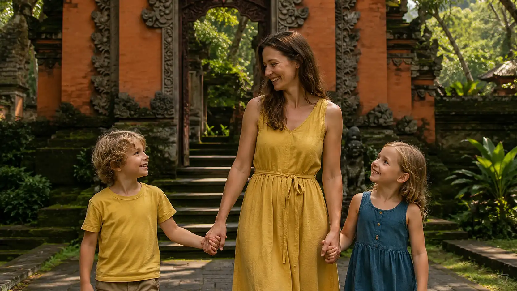 A happy family exploring Ubud with children, enjoying interactive cultural experiences, lush rice terraces, tropical nature walks, and family-friendly attractions surrounded by Bali’s beautiful countryside scenery.