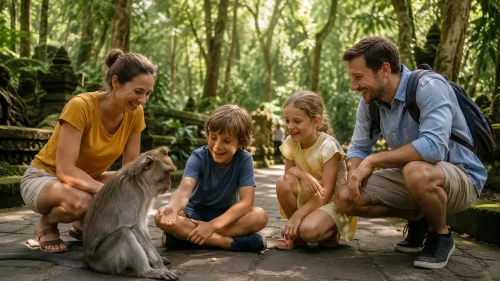A family with children exploring Sacred Monkey Forest Sanctuary, surrounded by lush tropical forest, ancient temple structures, and playful long-tailed monkeys, creating a fun and memorable family experience in Ubud.