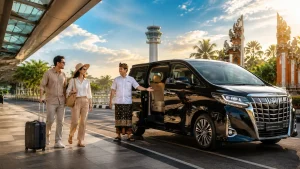 A luxury airport transfer experience in Bali featuring a sleek black Toyota Alphard, a professionally dressed local chauffeur welcoming travelers, premium leather interiors, tropical airport surroundings, and an elegant, comfortable atmosphere for a first-class island arrival.