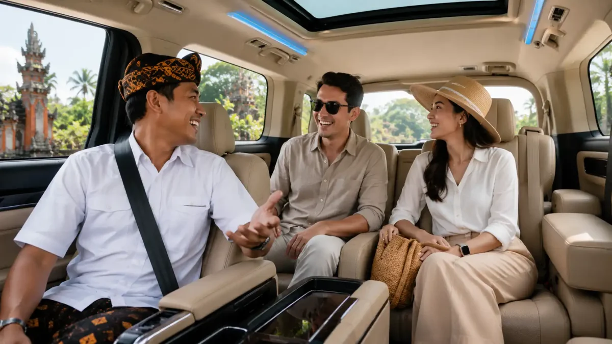 A happy tourist couple chatting warmly with a professional local chauffeur inside a luxurious black Toyota Alphard during an airport transfer in Bali, featuring premium leather interiors, natural smiles, soft daylight, and a relaxed, first-class travel atmosphere as they begin their island journey.