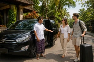 A professional local driver standing beside a clean modern vehicle in Bali, assisting happy travelers and providing a comfortable, flexible, and convenient Bali car rental with driver experience for sightseeing and island tours.
