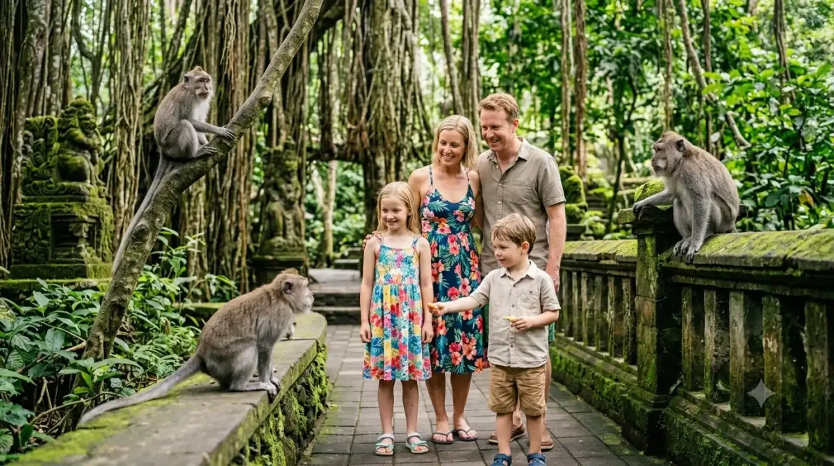 A happy family enjoying a guided Bali tours packages at Sacred Monkey Forest Sanctuary, walking through lush tropical pathways while observing playful long-tailed monkeys, ancient stone temples, and towering banyan trees, creating a fun and memorable family adventure in Ubud.