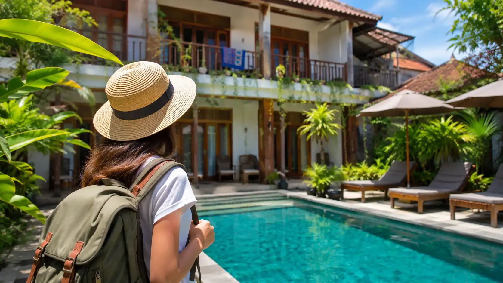 A cozy and stylish budget accommodation Bali featuring a clean modern room, comfortable bed, tropical garden views, and happy travelers relaxing by a small pool, showcasing an affordable yet charming stay with a warm Balinese atmosphere perfect for budget-conscious visitors.