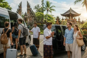 International tourists using airport transfer services in Bali with vehicles for both shared and private transportation.