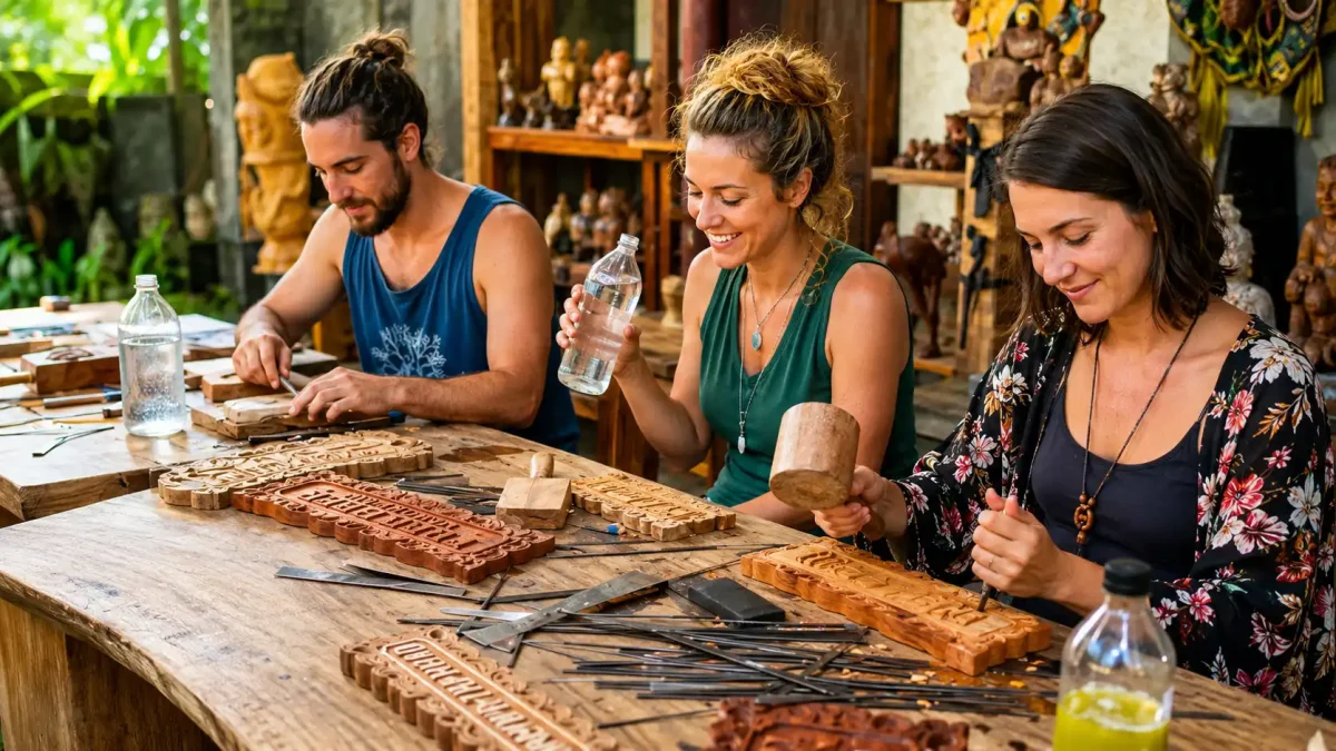 Guest carving a wooden sculpture with the scenic Sanur coastline in the background.