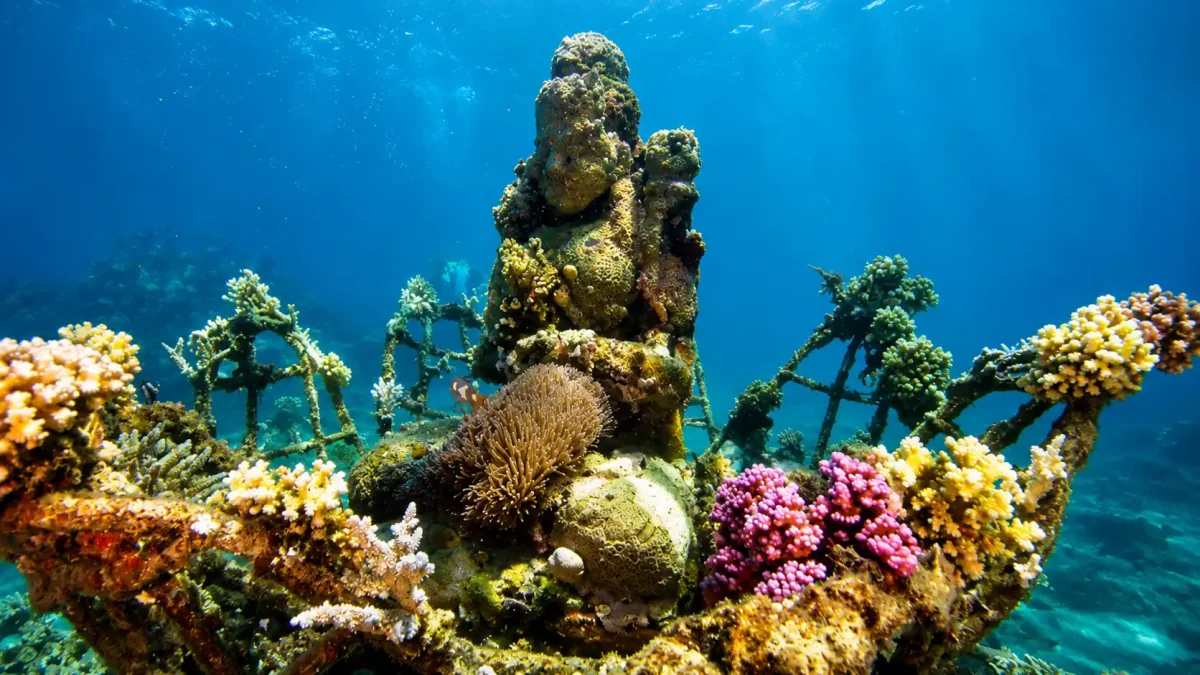 An underwater paradise at Pemuteran Beach, featuring vibrant coral reefs, colorful tropical fish, crystal-clear blue waters, and snorkelers exploring one of Bali's best marine conservation and diving spots in a calm coastal setting.