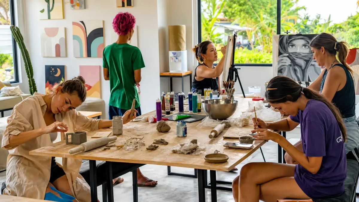 Guest shaping clay on a pottery wheel at Vagabond Design Lab in Canggu, Bali.